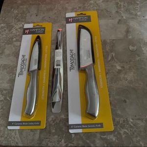 New HAMPTON FORGE Ceramic Blades With Guards Knife Set & Bonus Tongs